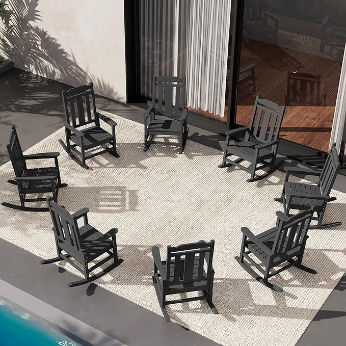 SERWALL Outdoor Rocking Chair Black Set of 8, All Weather Patio Rocking Chair, HDPE Poly Rocking Chair for Adults, Heavy Duty Front Porch Rocker