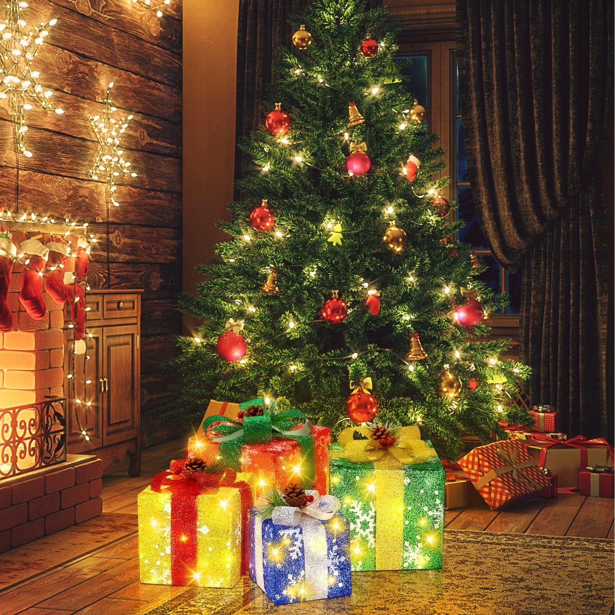 Set of 4 Christmas Lighted Gift Boxes with Plug, Pre-lit LED Light Up Present Boxes for Xmas Tree Porch Decor, Christmas Decorations Indoor Outdoor