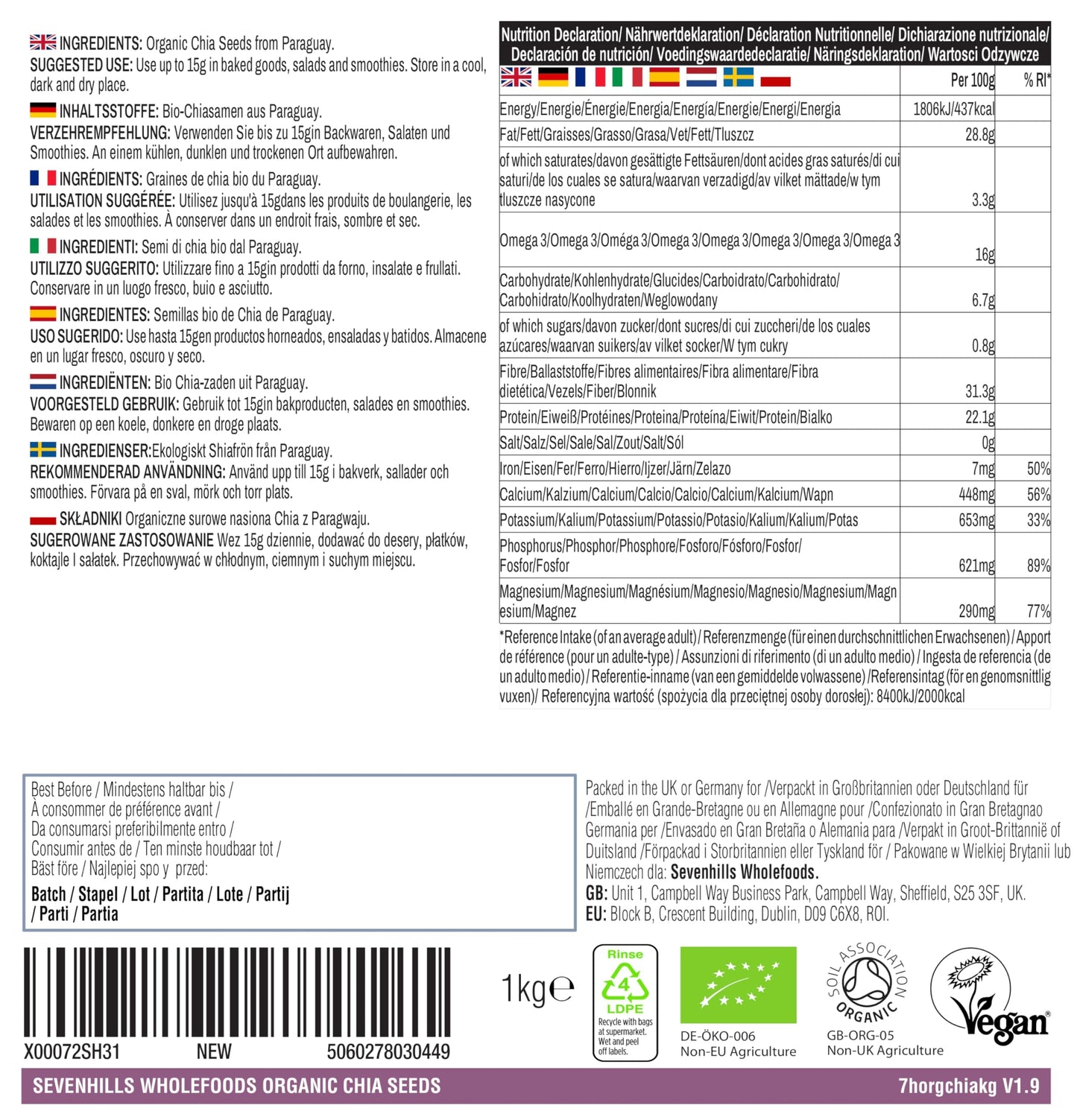 Sevenhills Wholefoods Organic Chia Seeds 1kg - Nutrient Dense - Pure & Natural - GMO-Free, allergen-Free