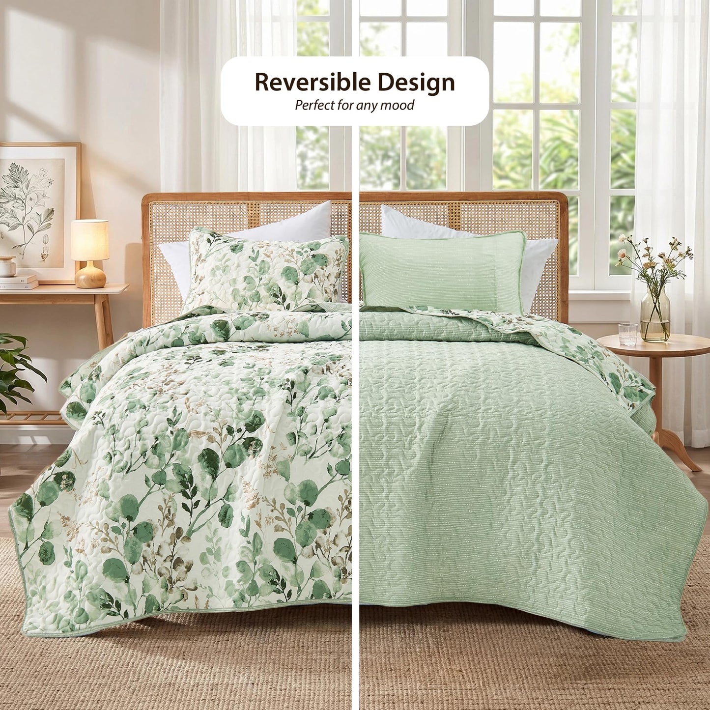 Regency Heights Quilt Set Quilted Bedspread Reversible Lightweight Floral Printed Oversized Quilted Bedding Set with Shams 2pc, Twin Size, Green