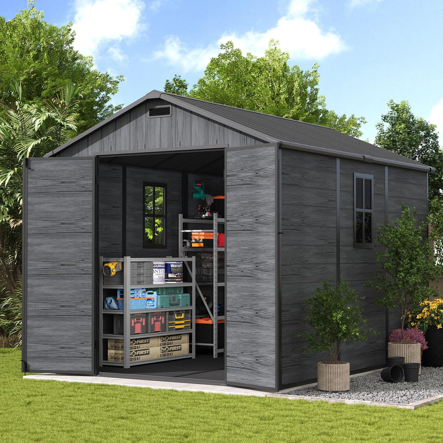 UDPATIO Outdoor Resin Storage Shed 8 x 10 FT, Plastic Storage Shed with Floor Large Outdoors Garden Tool Storage Shed Outside Clearance Shed with Lockable Door for Bike, Backyard, Patio, Dark Grey
