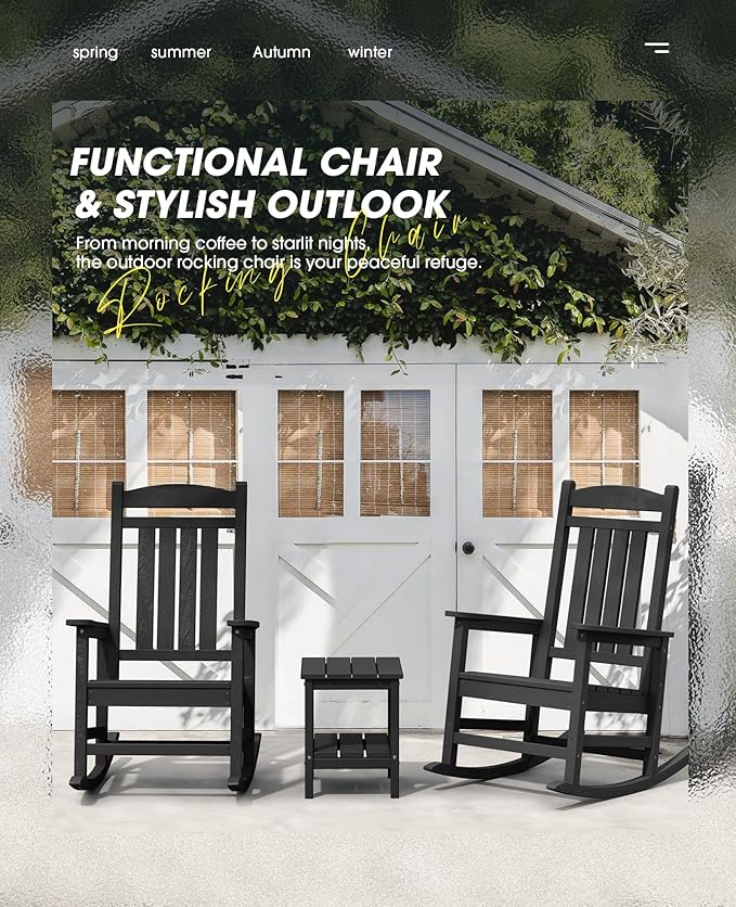 KINGYES Outdoor Rocking Chair Set of 4, High Density Polyethylene Patio Rocking Chairs with 330lbs Support for Adults, Black