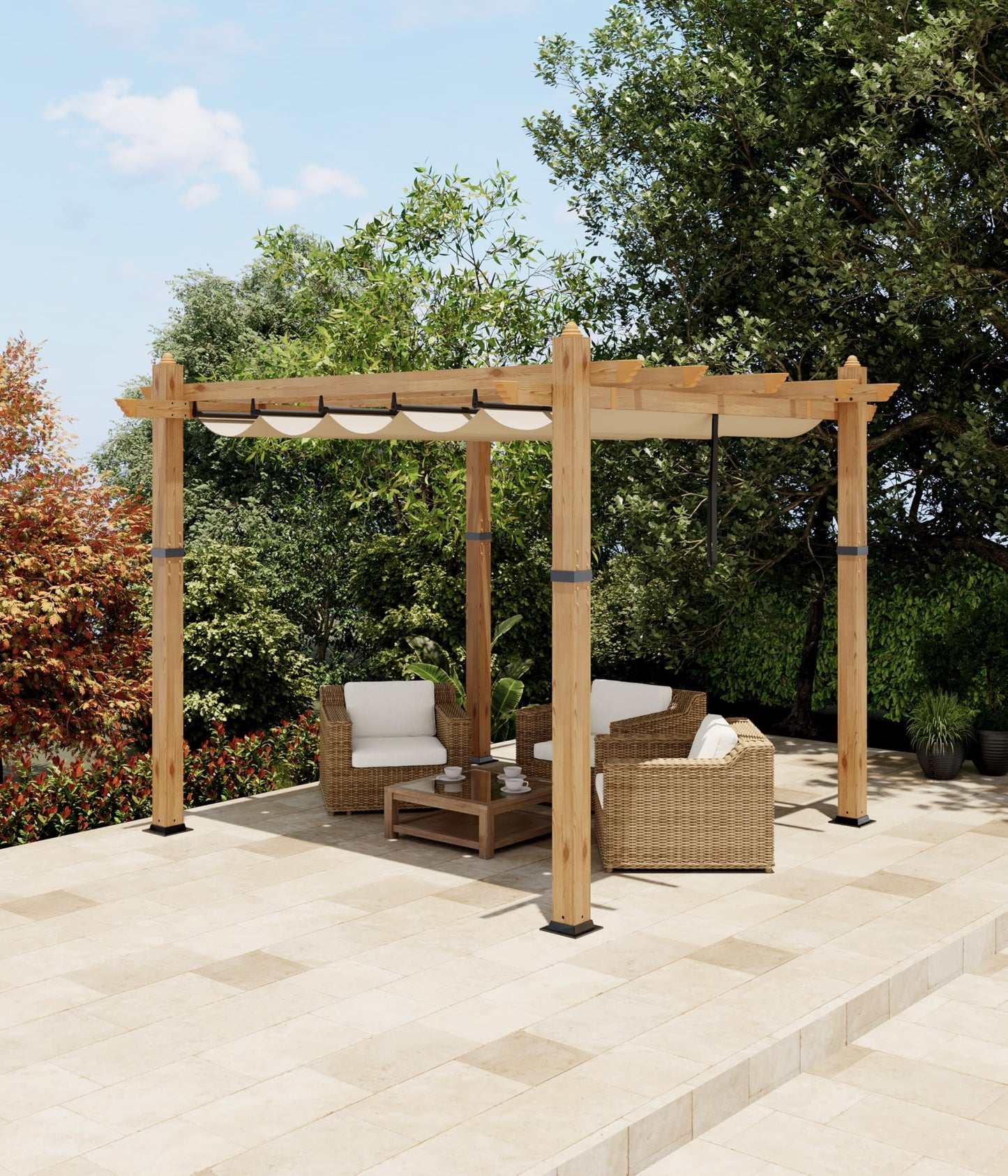10x10 ft Aluminum Pergola with Adjustable Canopy, Outdoor Metal Pergola Shelter, Reinforced Rust-Resistant Frame, Waterproof Sunshade for Patio, Garden, Deck, Backyard, Khaki