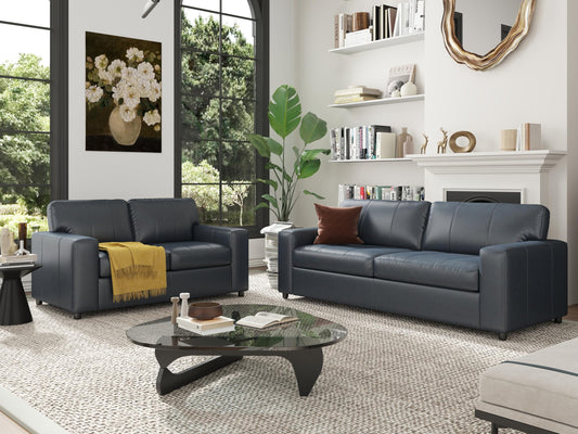 Roundhill Furniture Sakan Leather Upholstered 2-Piece Living Room Set, Sofa and Loveseat, Blue
