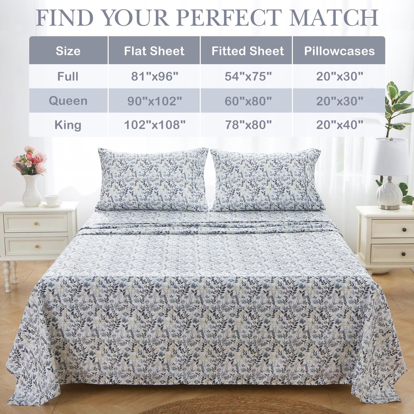 Mooreeke Cozy Vintage Microfiber Printed Queen Sheet Set - Soft Breathable Percale Cotton Floral Bed Sheets with Deep Pocket - Non-Slip Fitted Design - Yellow Blue Gray Gradient Flowers Pattern