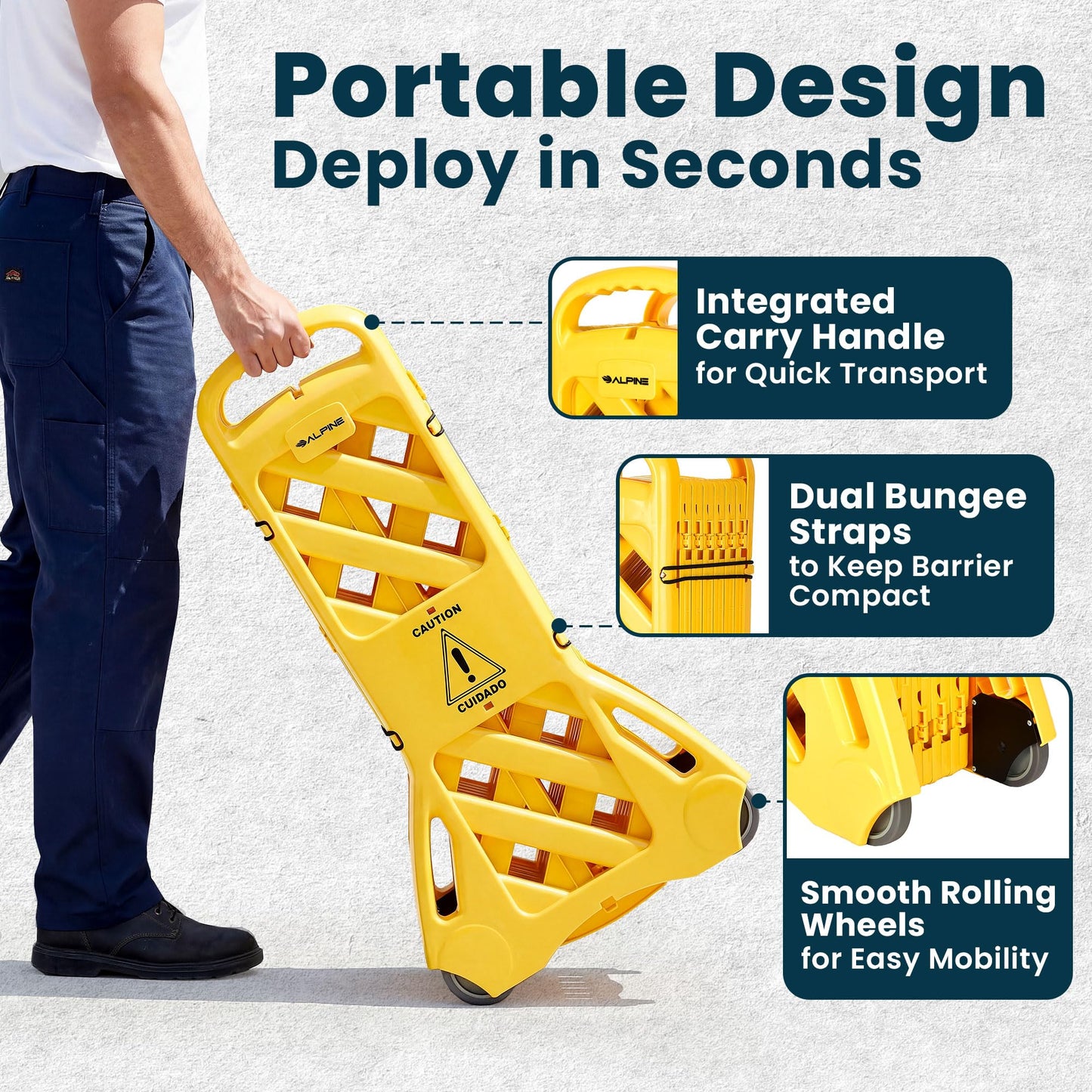 Alpine Commercial Safety Barriers, 13 Foot Expandable Mobile Barricade System - Folding Portable Barrier, Yellow, Plastic, for Construction, Driveway Gate