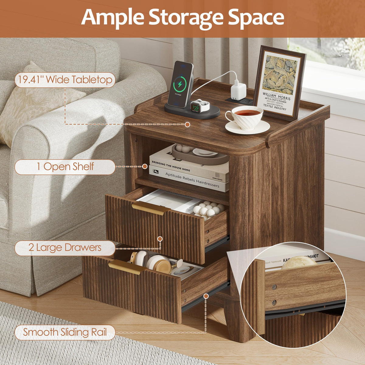 Turosur Night Stand with Charging Station, Fluted Nightstand with 2 Drawers and LED Light, Wood Bedside Table with Open Storage for Bedroom, Walnut