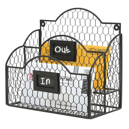 MyGift Metal Wire Basket Desk Organizer, 2 Compartment Inbox/Outbox Black Entryway Wall Mail Sorter, Office Desktop Stationery File Organizer Holder with Chalkboard Labels