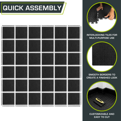 ProsourceFit Puzzle Exercise Mat ½ in, EVA Interlocking Foam Floor Tiles for Home Gym, Mat for Home Workout Equipment, Floor Padding for Kids, Black, 24 in x 24 in x ½ in, 24 Sq Ft - 6 Tiles
