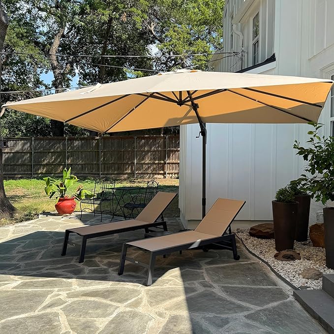 PURPLE LEAF 9' X 12' Right-left Tilt Patio Umbrella with Base Outdoor Cantilever Swivel Rectangle Umbrella Aluminum Offset Umbrella with 360-degree Rotation for Garden Deck Pool Patio Beige