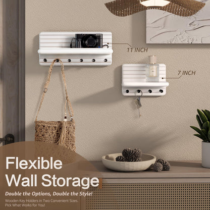 Rebee Vision Small Key Holder Wall Mount for Home Storage – Stylish 7-Inch Key Holder for Wall with 4 Hooks & Mini Floating Shelf - Beautify Your Entryway, Living Room, Bedroom Decor (White)