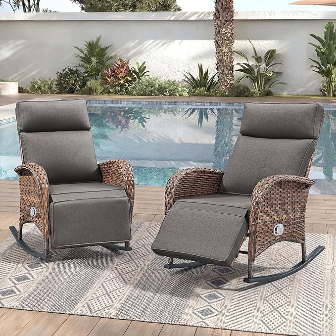 Zero Gravity Patio Rocking Wicker Recliner Chairs Set of 2- Wicker Outdoor Lounge Chair with Adjustable Backrest & Footrest, All Weather Reclining Rocker Chairs with Thick Cushion for Pool Deck Grey