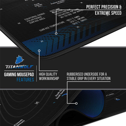 TITANWOLF XXL Speed Gaming Mouse Pad Mouse Mat 900x400 - Mousepad - Table Mat Large Size 90x40 cm - improved precision and speed - Black World Map