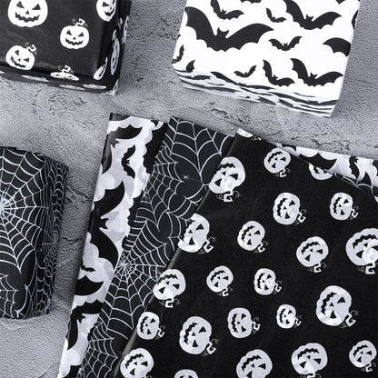 Whaline 120 Sheet Halloween Tissue Paper Black and White Wrap Tissue Paper with Cobweb Bat Pumpkin Pattern Gift Wrapping Paper for Fall Halloween Party Gift Packing DIY Craft, 13.8 x 19.7 Inch