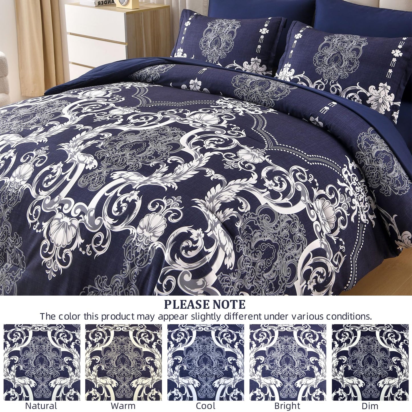 Mybedsoul Navy Blue Queen Comforter Set, 7 Pieces Boho Bed in a Bag for Queen Bed, Damask Comforter with Sheets Pillowcases, Soft Microfiber Lightweight Bedding Sets for All Season(90"x90")