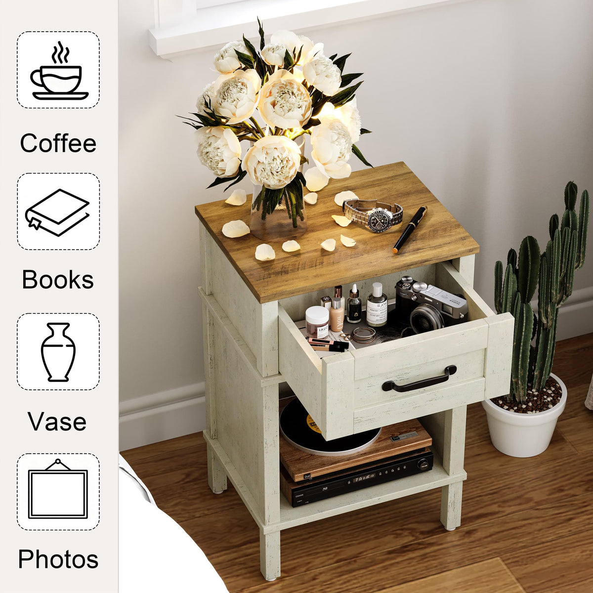 YAUKTAK White Farmhouse Nightstand with Drawer, Small Wooden Bedside Table, White End Table, Bedroom Side Table with Storage, Rustic Wood Night Stand LET512WR