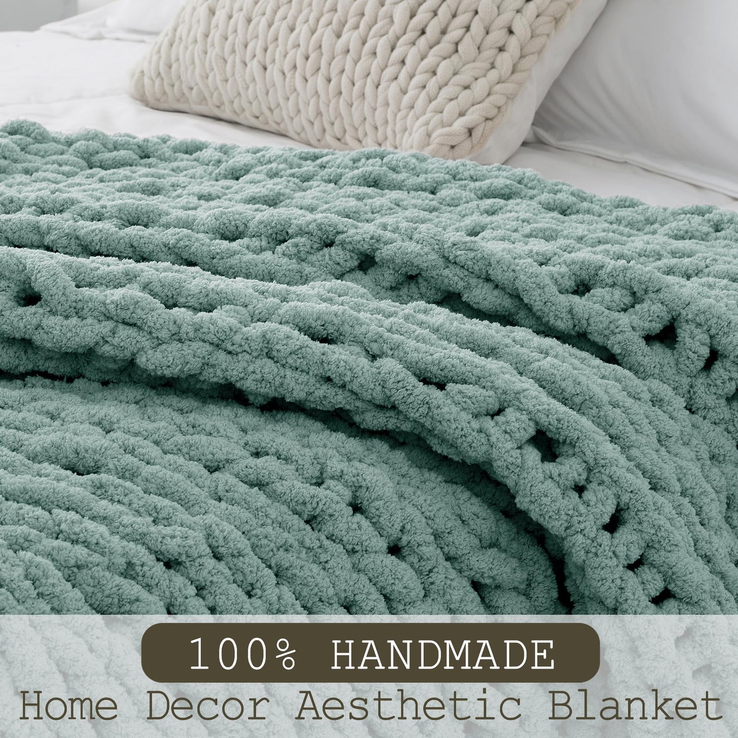 LONG CREATE Chunky Knit Throw Blanket Bundle Chenille Throw Blanket， 50"X 60" Sage Green