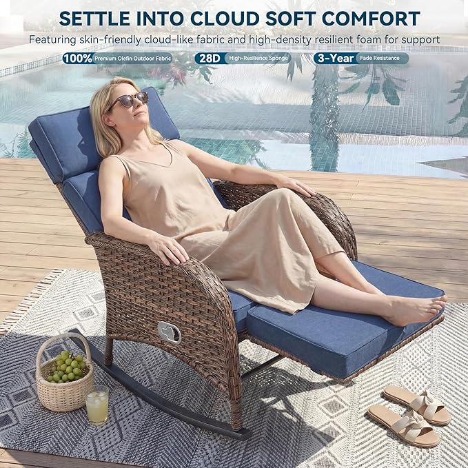 Zero Gravity Patio Rocking Wicker Recliner Chair - Wicker Outdoor Lounge Chair with Adjustable Backrest & Footrest, All Weather Reclining Rocker Chairs with Thick Cushion for Pool Deck Blue