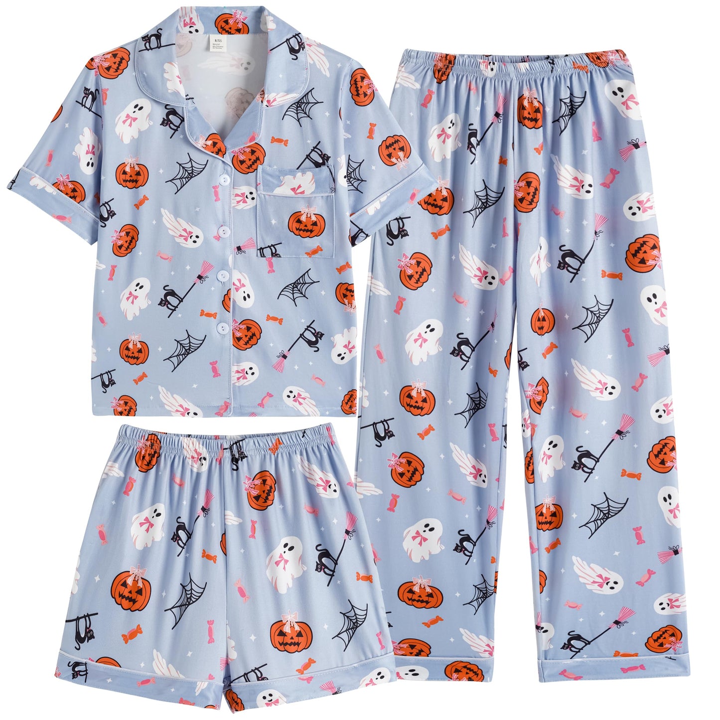 Vopmocld Girls Pajama Sets 3pcs Button Down Short Sleeve Long Pants With Shorts Sleepwear Cute Patterns Nighty For Teens Cute Lounge Sets, Bowknot Ghost, 16