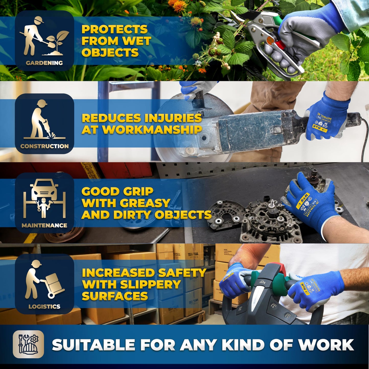 S&R Protective Gloves 12 Pairs with Nitrile Coating in XL/10, Non-Slip Work Gloves for Assembly, Building, Restoration