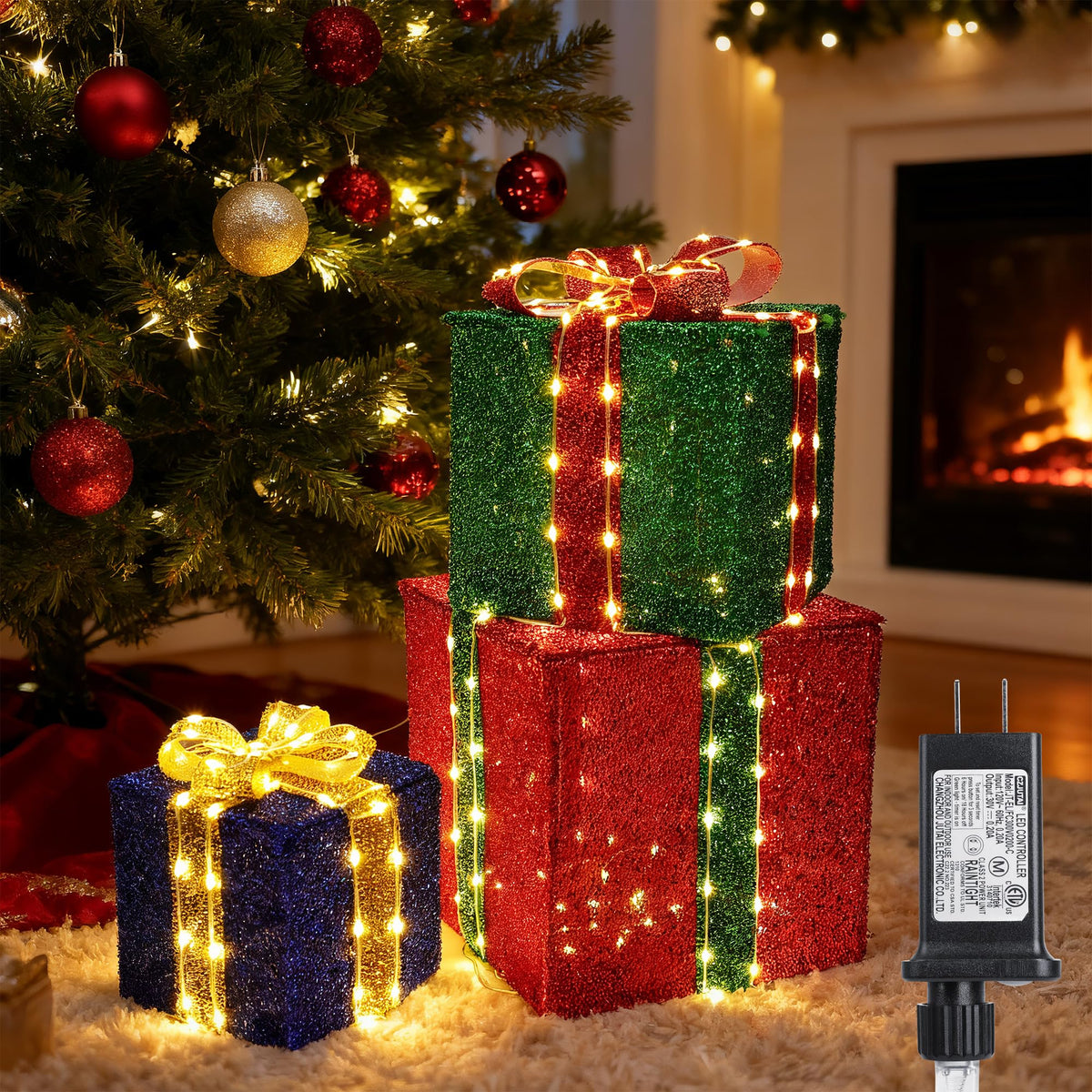 Set of 3 Christmas Lighted Gift Boxes - Pre lit Presents Christmas Boxes with Different Sizes for Holiday Indoor Outdoor Decoration (Warm White, Small)