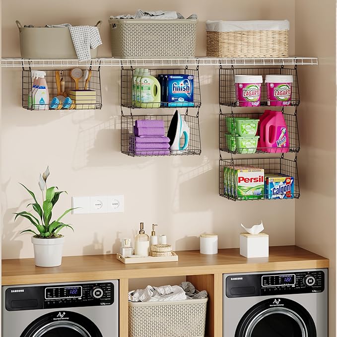 3-Pack Hanging Laundry Room Organizaton：Foldable Laundry Basket Wire Basket