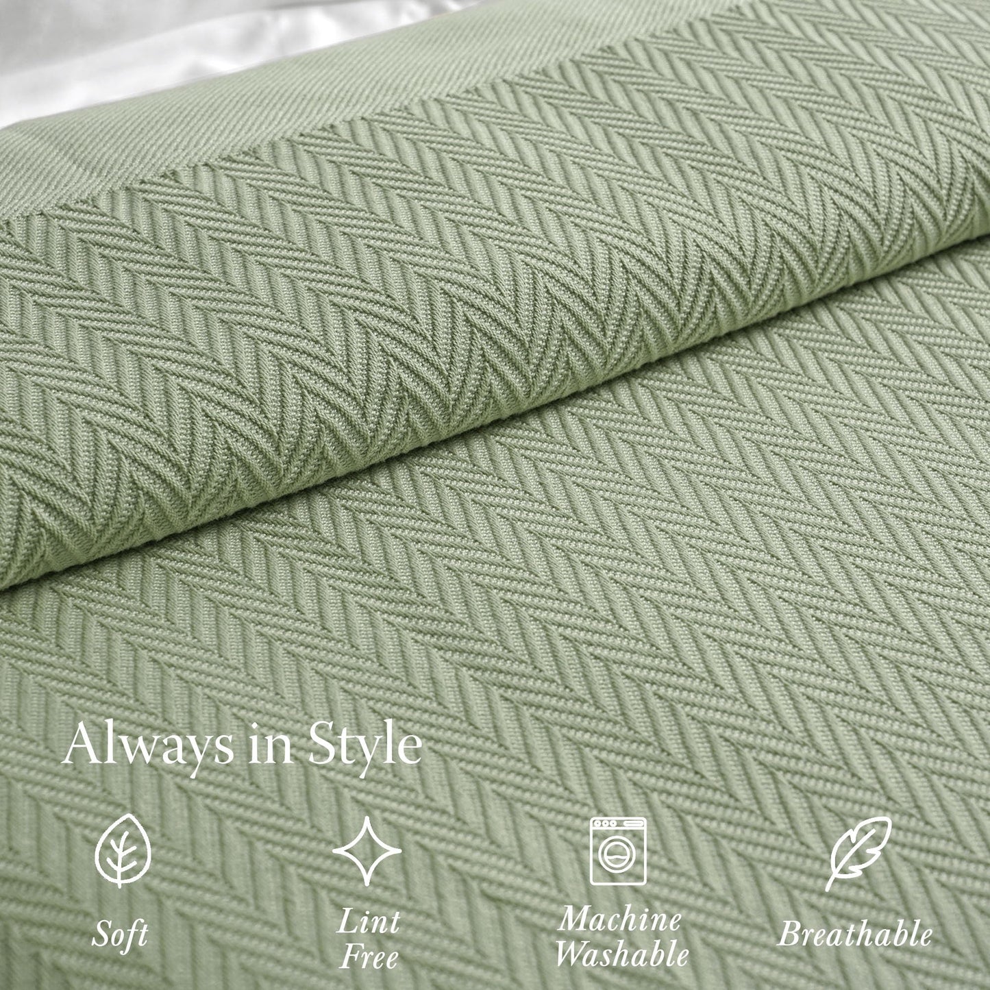 Threadmill Luxury Cotton King Size Blanket | All-Season Cozy Cotton Blankets for King Size Bed | Herringbone Soft Fall Thermal Blanket fits California King Size Bed 106 x 92 | Sage Green