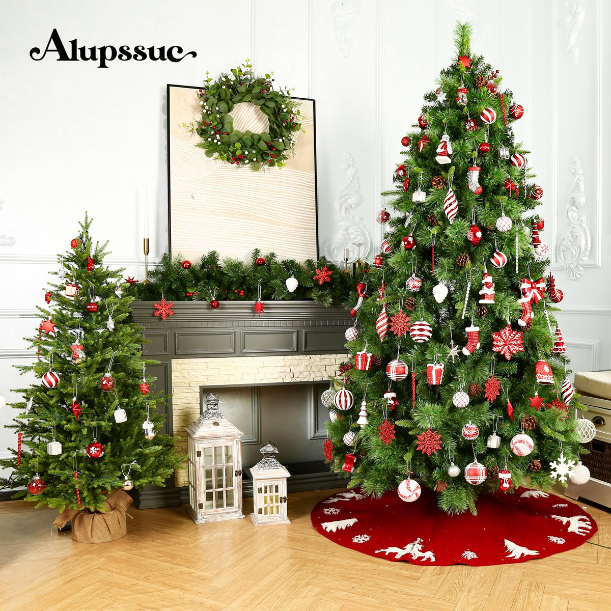 Alupssuc 112pcs Christmas Balls Ornaments Set, Shatterproof Plastic Baubles Christmas Penguin, Polar Bear for Xmas Tree Holiday Wedding Party Decorations with Hanging Strings, Red, Silver and White