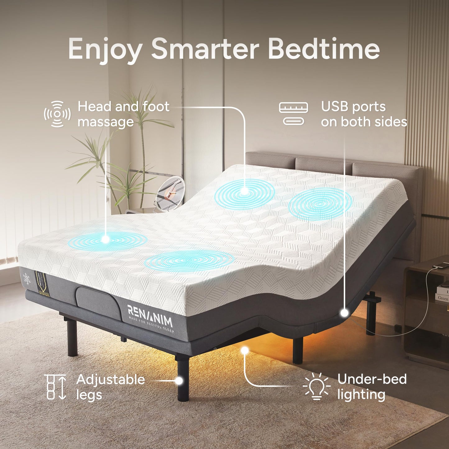 Renanim SF Twin XL Adjustable Bed Frame and Mattress - 10" Cooling Gel Memory Foam - Electric Massage - Zero Gravity - Wireless Remote for Head & Foot Incline - Underbed Night Lights & 4 USB Ports