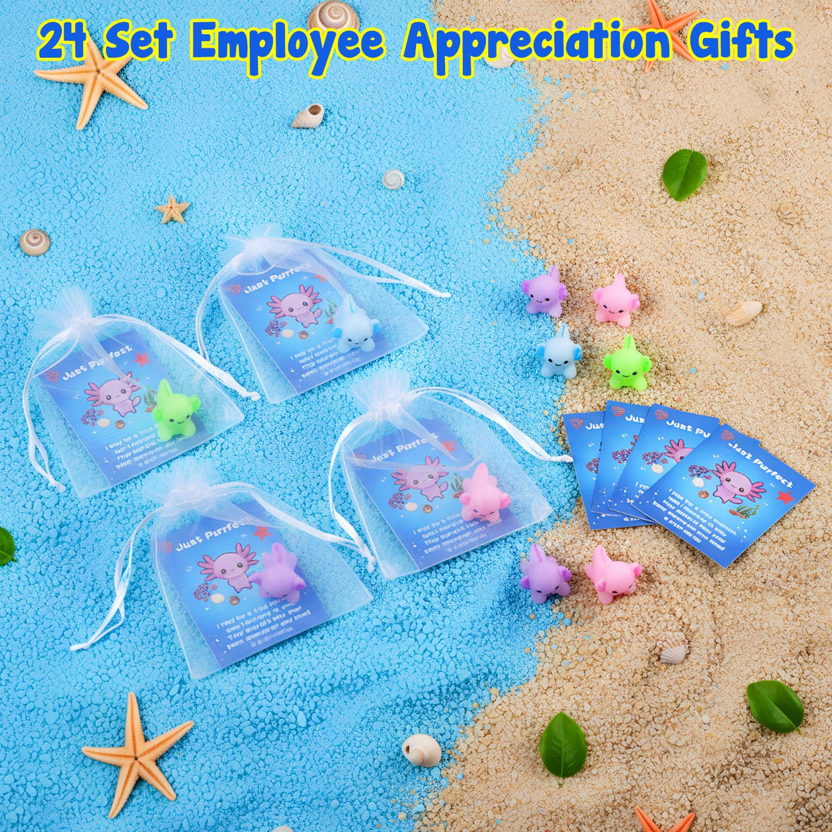 Soulchen 24 Set Employee Appreciation Gift Bulk for Coworker Axolotl Squeeze Gifts for Stress Relief Motivational Inspirational Note Card, Organza Bag Staff Valentine's Day Thank You Gift