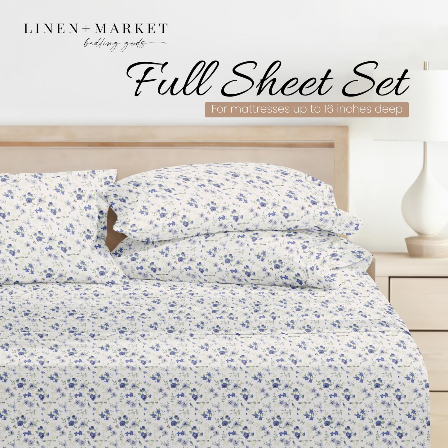 Linen Market Patterned Microfiber Full Sheet Set 4 Piece – Oeko-TEX Certified Ultra Soft & Wrinkle-Free - 16" Deep Pocket Sheets - Easy Care Full Size - Blossoms Light Blue