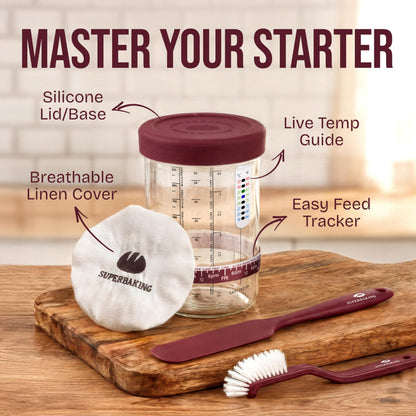Superbaking Sourdough Starter Kit, 9" Splinter-Free Banneton Bread Proofing Basket Set with Non-Stick Silicone Dough Sling & Glass Starter Jar Kit, Sourdough Bread Baking Supplies, Sourdough Tools