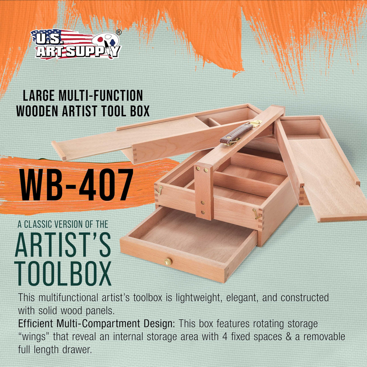 U.S. Art Supply Multi-Function Artist Tool Supply Box with Locking Clasps & Tool Storage Box - Wooden Art Box for Artist Supplies, Brushes, Pencils, Erasers, Tool Storage Organizer Case