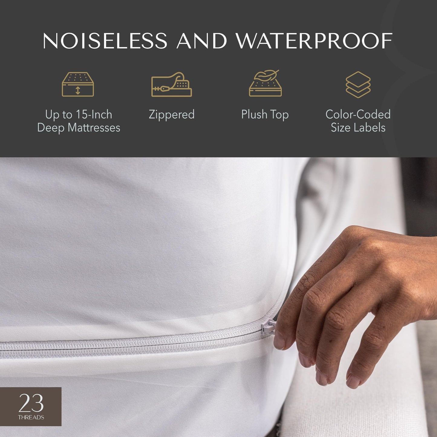 23 Threads X162 Series Soft Plush Waterproof Noiseless Mattress-Encasement, Zippered Protector Cover, Washable, with Ctrl+Z Technology, Mattress Not Included, 15 Inch Deep, Queen