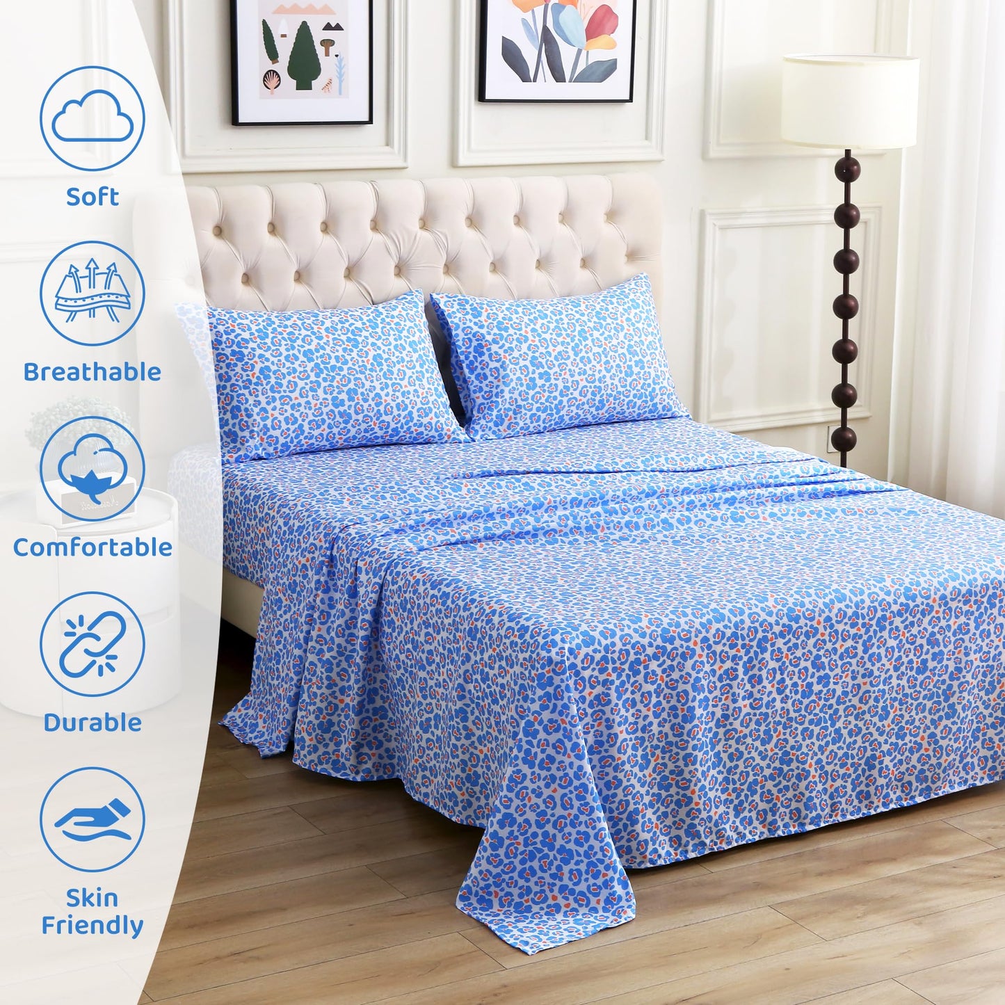 Mooreeke Leopard Cheetah Printed Twin Bed Sheets, Soft Microfiber Bedding Sheets & Pillowcases, Deep Pocket Non-Slip Fitted Twin Sheet, Blue Animal Pattern Bedsheets