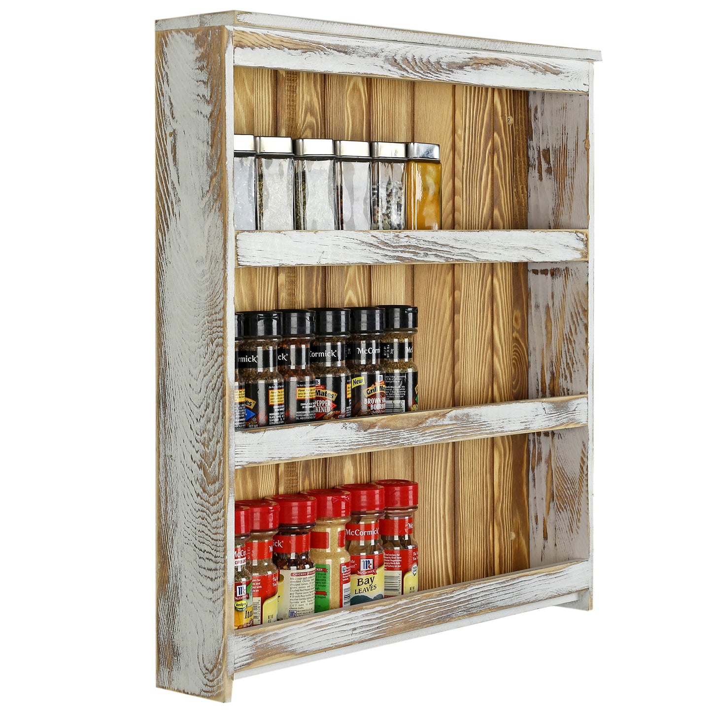 MyGift 3 Tier Spice Rack Wall Mount, Hanging Kitchen Pantry Storage Shelf for Seasoning Jars or Condiment Bottles, Shabby White Washed and Rustic Natural Burnt Solid Wood
