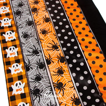 Ribbli Halloween Ribbon Wired,6 Rolls Orange and Black Halloween Ribbon 2.5 Inch Total 90 Feets(30 Yards), Ghost/Spider/Polka Dot/Black Velvet Ribbon for Crafts,Wreaths,Party Decoration