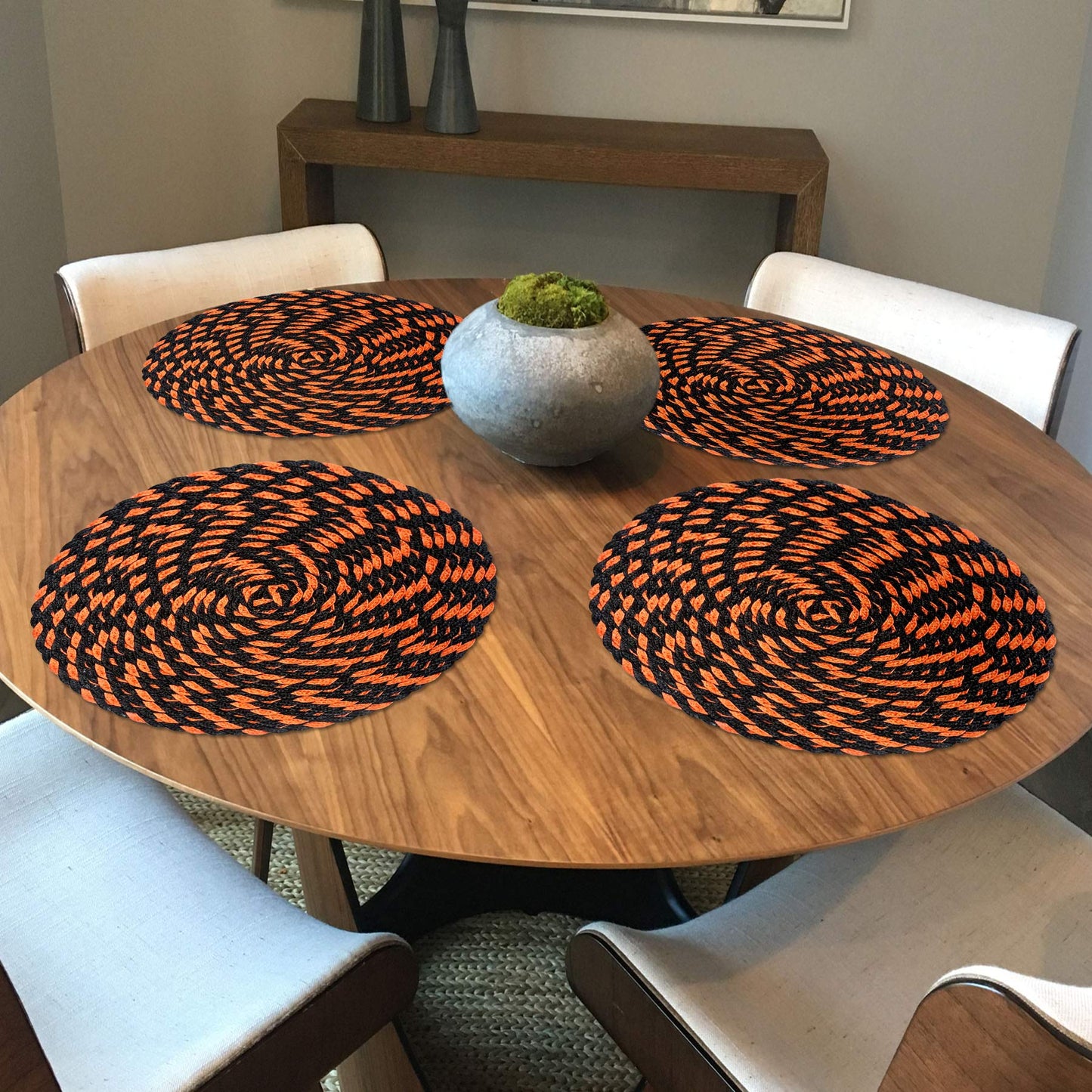 Halloween 15" Round Orange Black Dual-Color Braided Woven Polypropylene Plastic Placemats, Set of 6