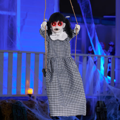 JOYIN Outdoor Halloween Hanging Scary Swing Girl Decorations, Outdoor Swinging Doll with Creepy Sound and Light Up Eyes Sound, Animated Hanging Decors Activated for Garden Yard Lawn