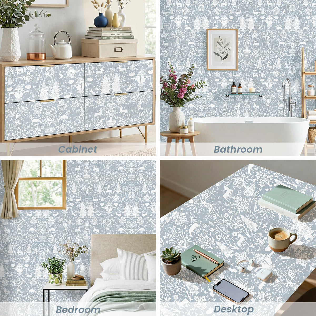 WENMER Forest Animal Wallpaper, 17.7" x 590" Blue and White Contact Paper, Woodland Peel and Stick Wallpaper with Deer Rabbit Fox, Self Adhesive Removable Wall Paper for Living Room Bedroom Nursery