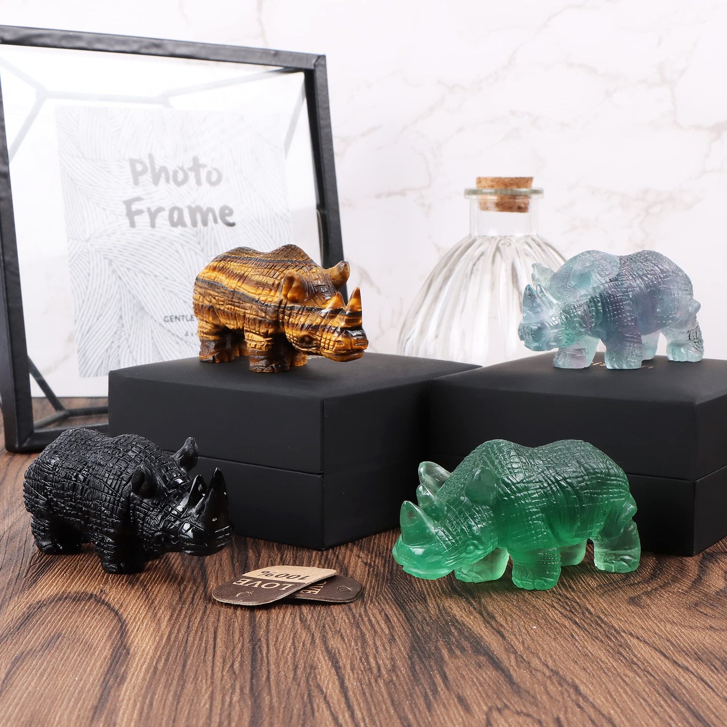 Artistone Tiger Eye Crystal Rhino Statue Hand Carved Gemstone Handicraft Healing Rhinoceros Animal Carving Figurine Sculpture Collectible Reiki Stones for Home Bookshelf Office Decor(3Inches)