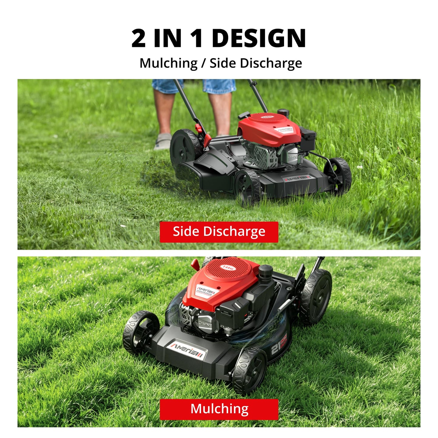 AMERISUN 21-Inch Gas Lawn Mower, 144cc 4-Stroke OHV Engine, 2-in-1 Push Lawn Mower with Mulching & Side Discharge, 6-Position Height Adjustment, 7-Inch Front/10-Inch Rear Wheels