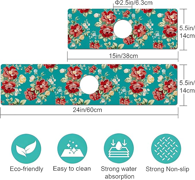 Kitchen Sink Splash Guard Faucet Mat -2 PC Super Absorbent Fast Drying Mat Sink