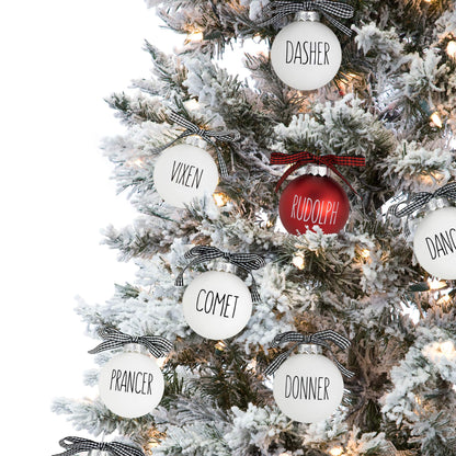 Buffalo Plaid Christmas Tree Ornaments - Set of 9 Shatterproof Bulbs - Farmhouse Reindeer Ornaments with Buffalo Check Bow - Compatible with Rae Dunn Rustic Decorations - Matte White & Red for Rudolph