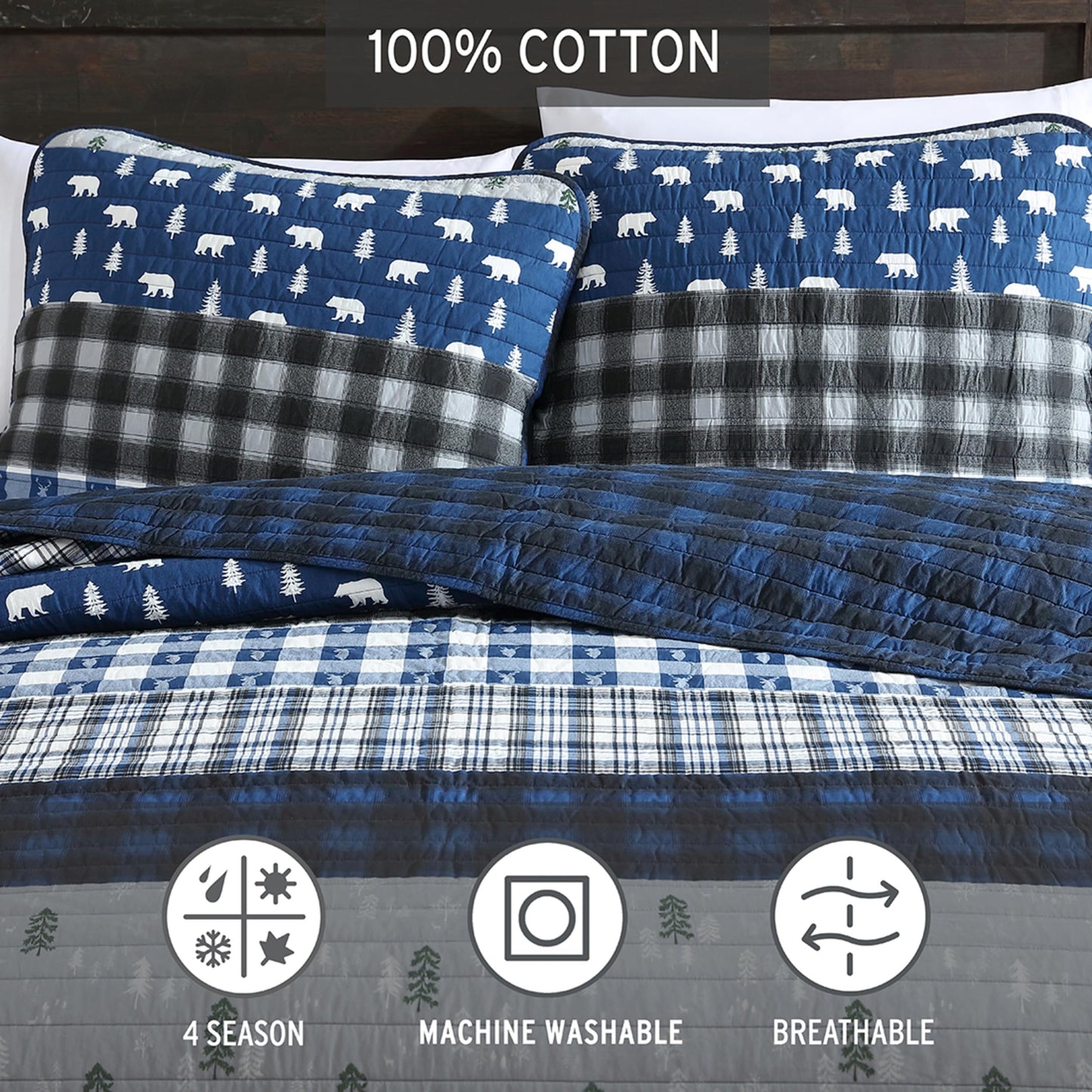 Eddie Bauer - Queen Quilt Set, Reversible Cotton Bedding with Matching Shams, Luxurious Bedding Set (Blue Creek Navy, Queen)