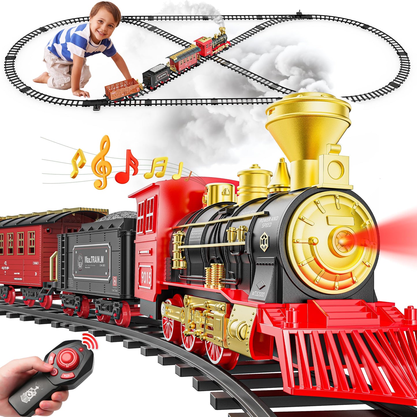 Hot Bee Christmas Tree Train Set with Remote Control and Luxury Track, Electric Train Set for Kids Adults, Train for Around the Christmas Tree, Steam Train Toy with Smoke