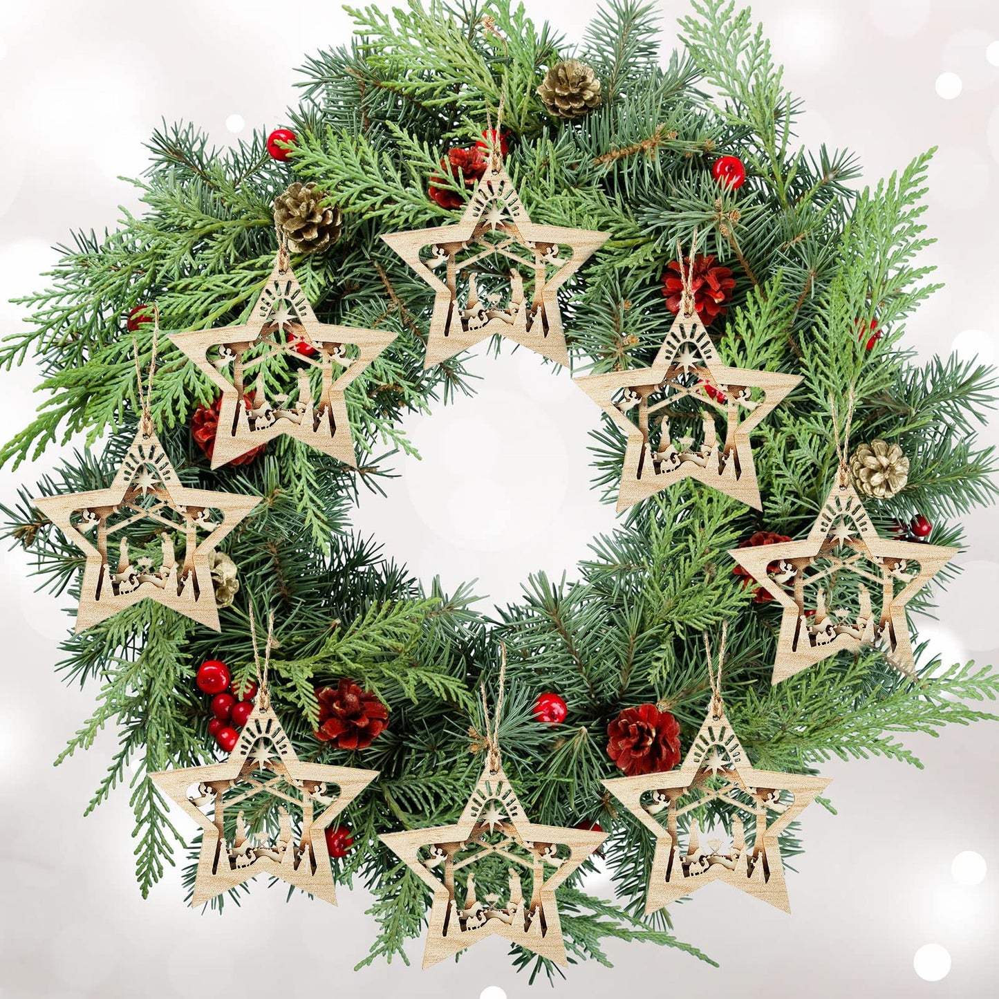 Blulu 12 Pieces Christmas Nativity Scene Ornaments Set Bulk 3D Christian Wooden Hanging Ornament Xmas Tree Nativity Ornaments The Birth of Jesus Story Decor Religious Gift for Family (Star Shaped)