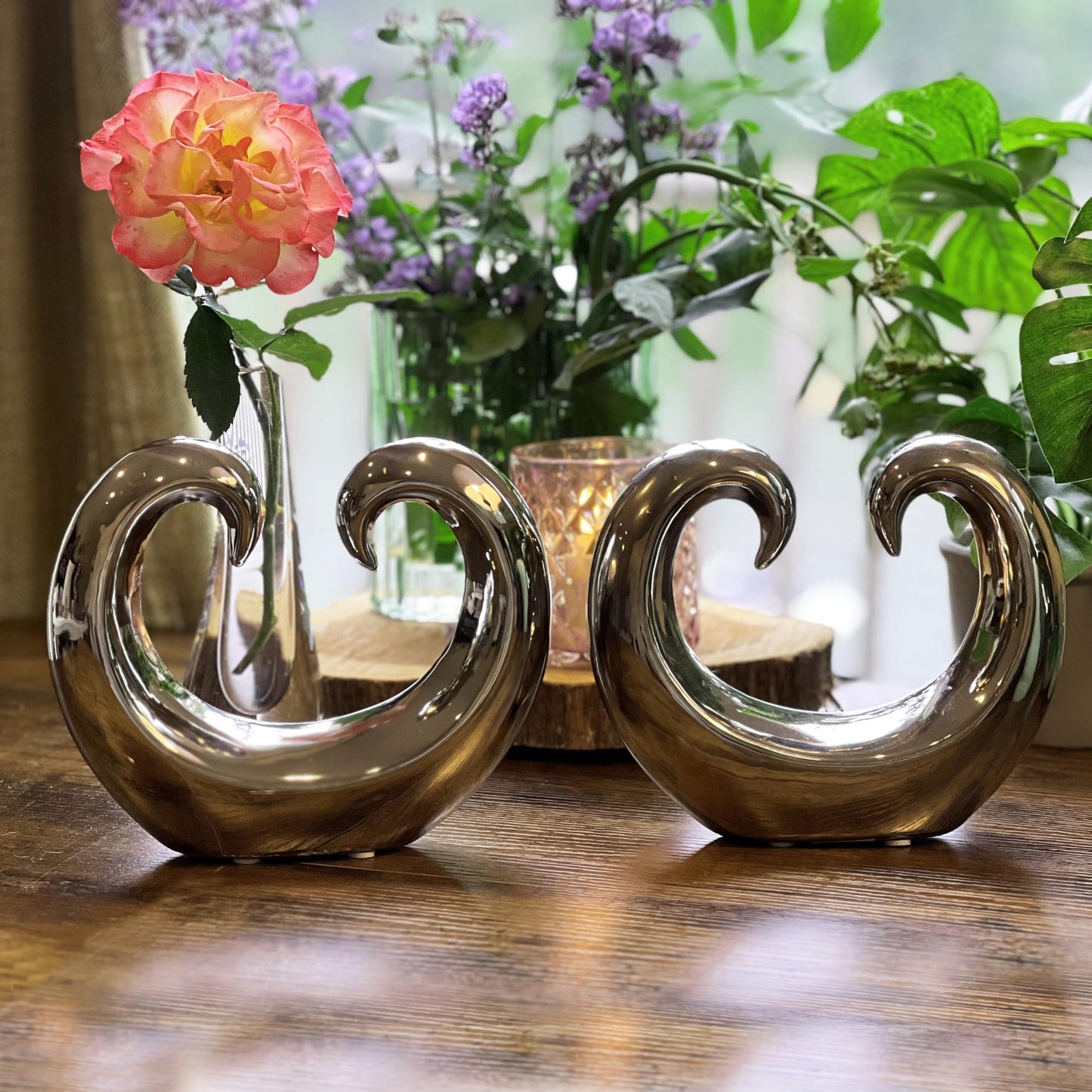 WHW Whole House Worlds Eternity Double Curled Wave Sculpture, Set of 2, Modern Art, Silver Titanium Glazed Ceramic Stoneware, 8 1/4 Inches, Abstract Table Top Accent