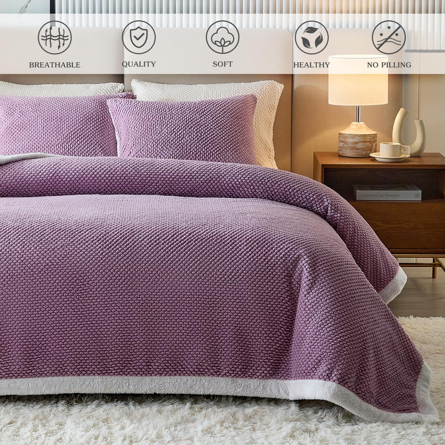 Luxury Flannel Fleece Sherpa Blankets Twin Size for Bed, Jacquard Boho 3-Layer Thick and Warm Blanket for Winter, Soft Cozy Fuzzy Plush Velvet Blanket with 2 Pillow Cases, Purple, 68x86 Inches