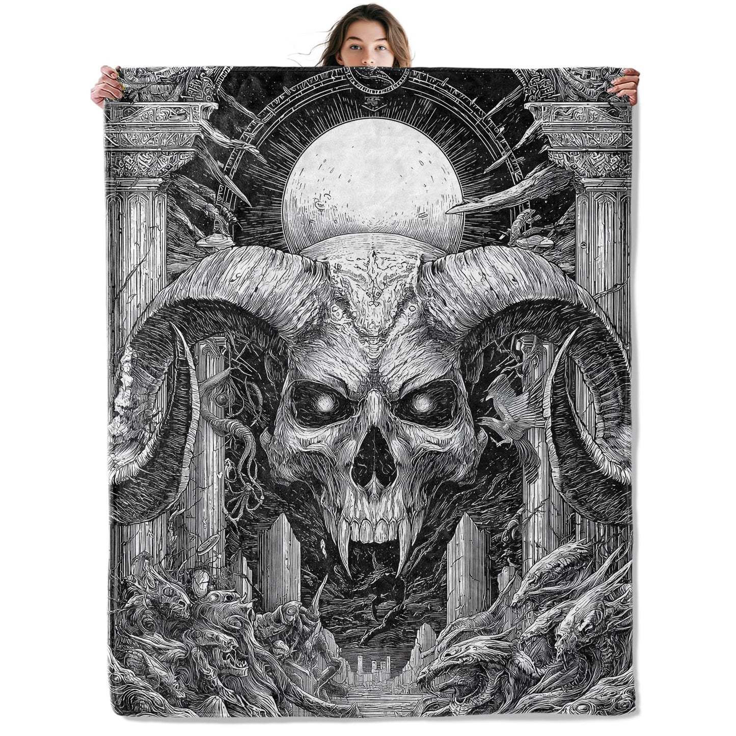 SOMEKLLY Goth Skull Throw Blanket Soft Cozy Lightweight Flannel Blankets with Gothic Fantasy Skeleton Printed for Horror Lovers Bedroom Dorm Office Halloween Decor Gifts 50x60 Inch